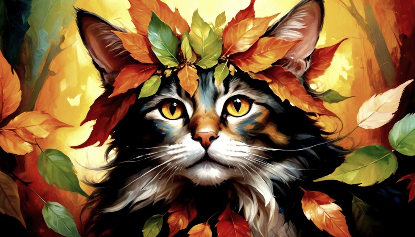 A Cat Donning a Leaf, Fairy-Inspired Costume