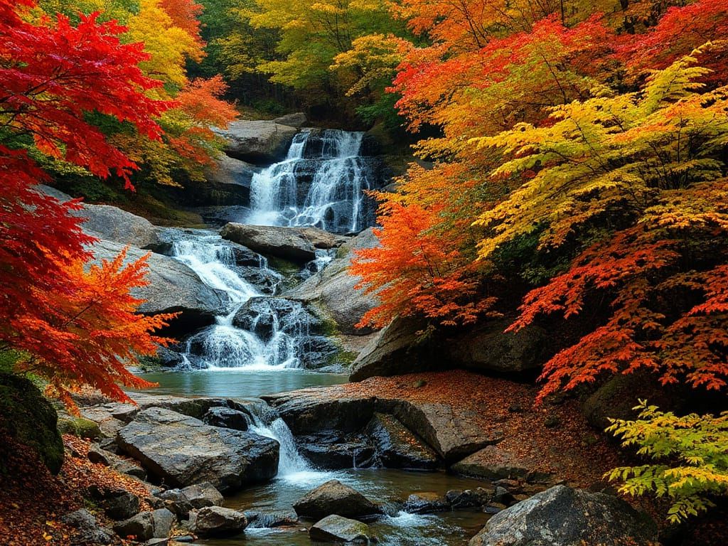 Realistic. Professional photography. Vibrant colors. Sharp details. Stunning. A stepped rocky waterfall ...  by @Randomperson42