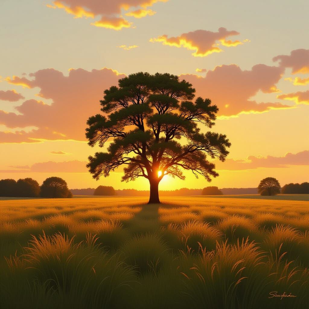 Golden Sunset Over Peaceful Field with Lone Tree