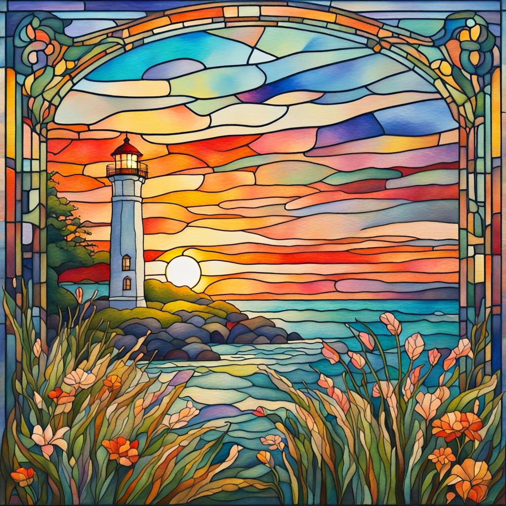 art nouveau stained glass, lighthouse, calm ocean, colorful sunrise ...