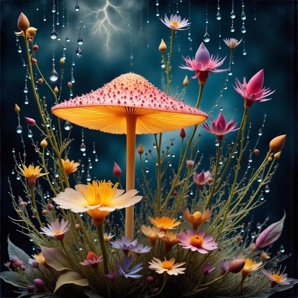 "mushroom among flowers, wild grasses. and plants, stormy/lightning,” beautiful, elaborate, embellished, creative digital  illustration; lum...