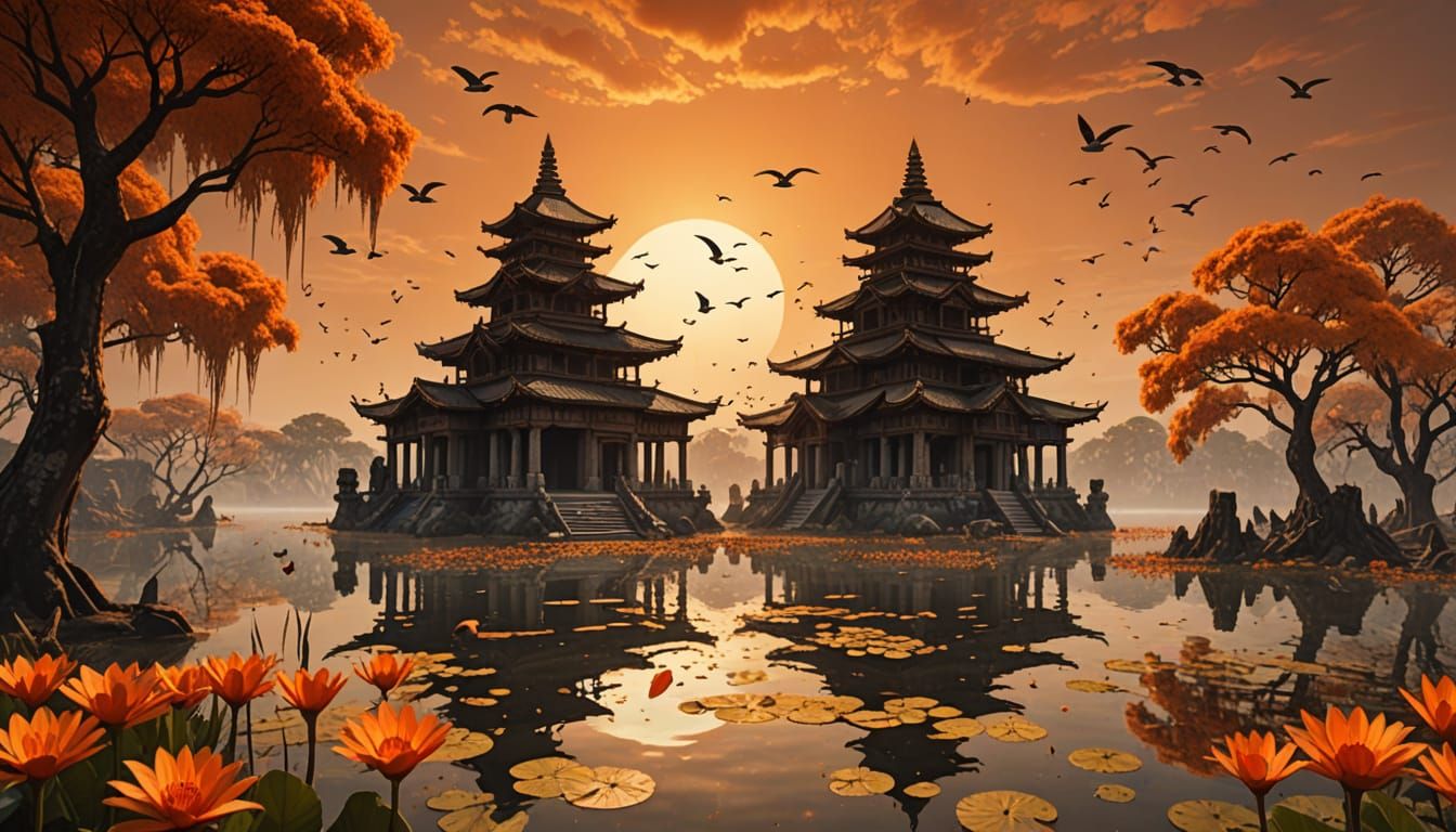 The setting sun shines in a deep turquoise, we see the upper half of an ancient temple in ruins submerged in the water of a tranquil lake su...