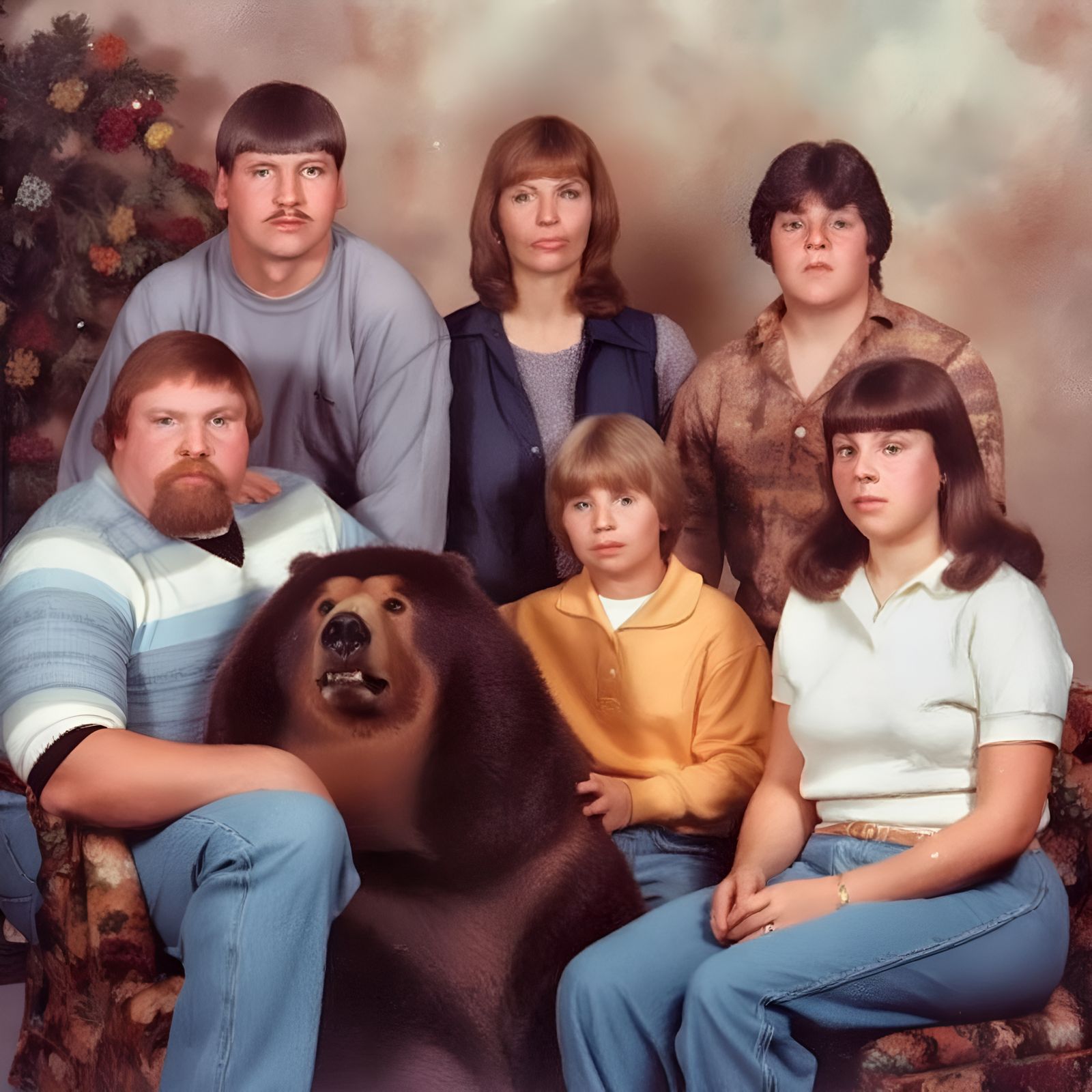 Midjourney v5; Awkward family photo domesticated bear edition
