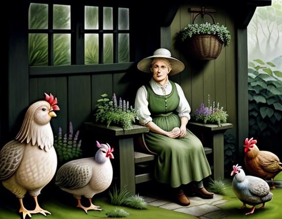a female hobbit surrounded by hens and plants. water-color, ...