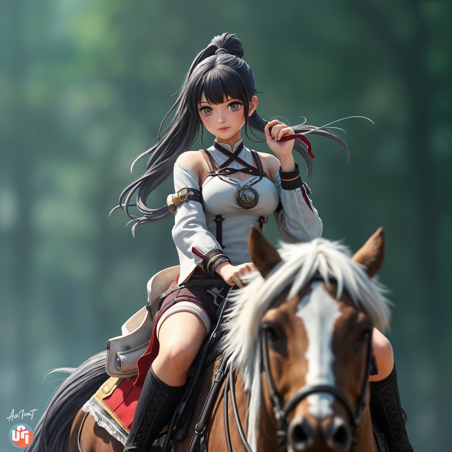 A girl with a ponytail riding a horse