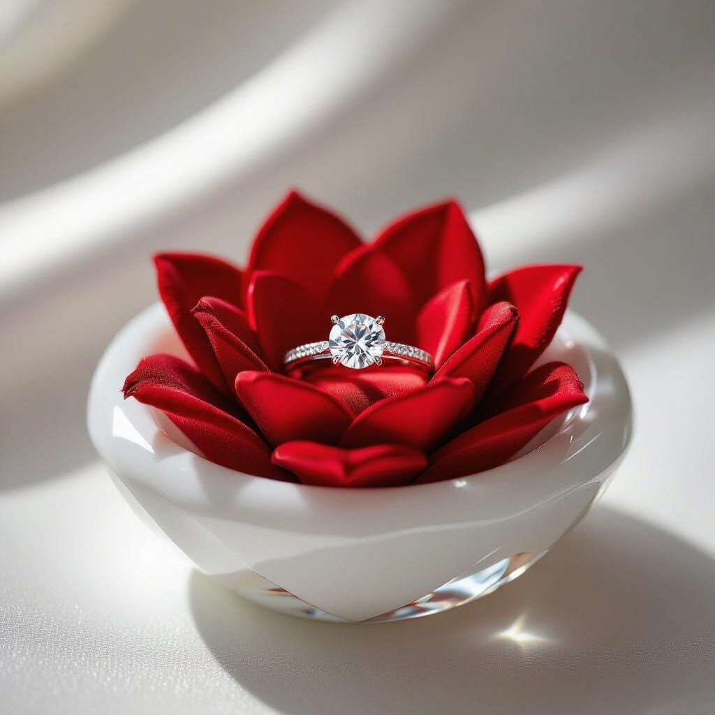 Create a small and elegant round ring holder with a glossy, white glass base shaped like a diamond. The top surface should reflect light bea...