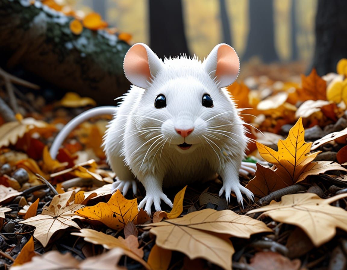 white rat plushie peaking having fun in heap of fallen leaves in autumn