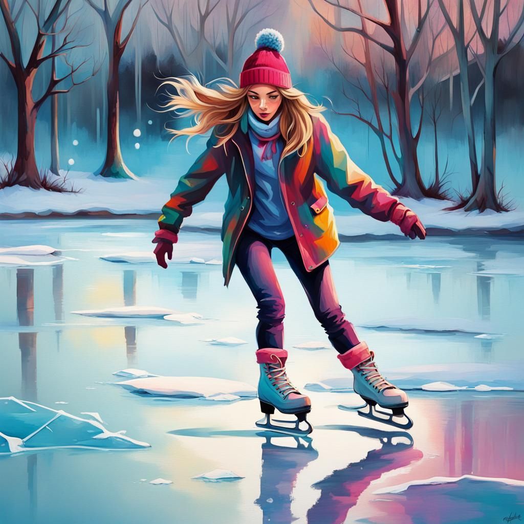 a  beautiful girl Ice skating on a frozen pond, in a serene winterscape