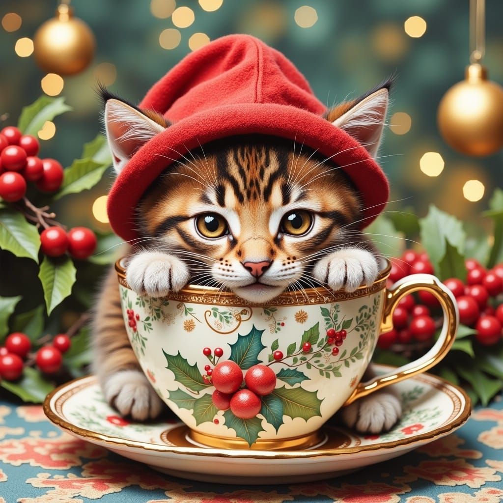 <lora:dreamy  collage:1.0> Adorable kitten with red sleep hat in a tea cup in christmas, highly-detailed, dreamy, Watercolor, trending on ar...