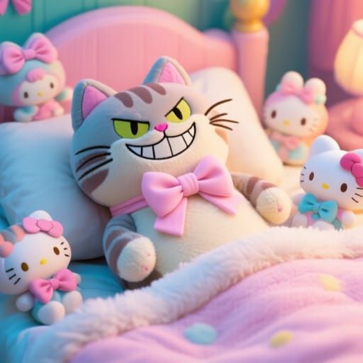 An evil chesire cat smile on a cute, adorable, kawaii Pusheen stuffed cat in a bed, surrounded by devotees ...  by @DW