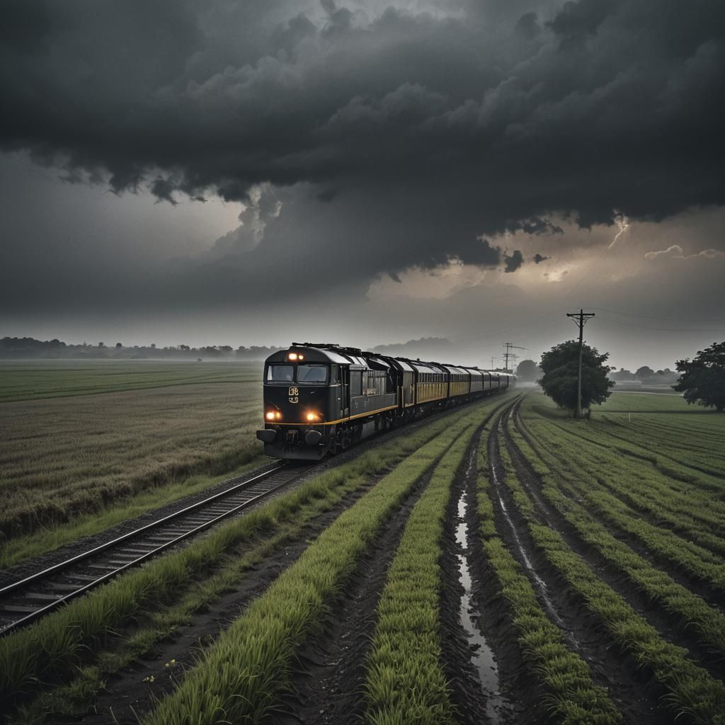 A lonely train traveling through fields