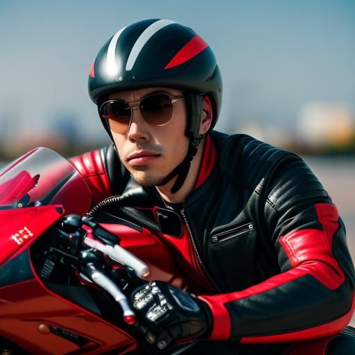 25 year old handsome gay biker in red and black leather suit