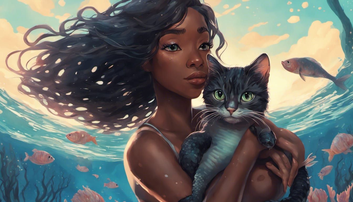 Gorgeous mermaid with her cat