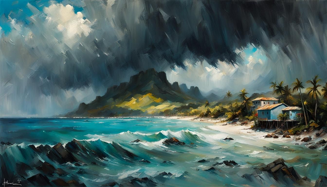 Stormy dark grey clouds in a blue sky over a caribean island...