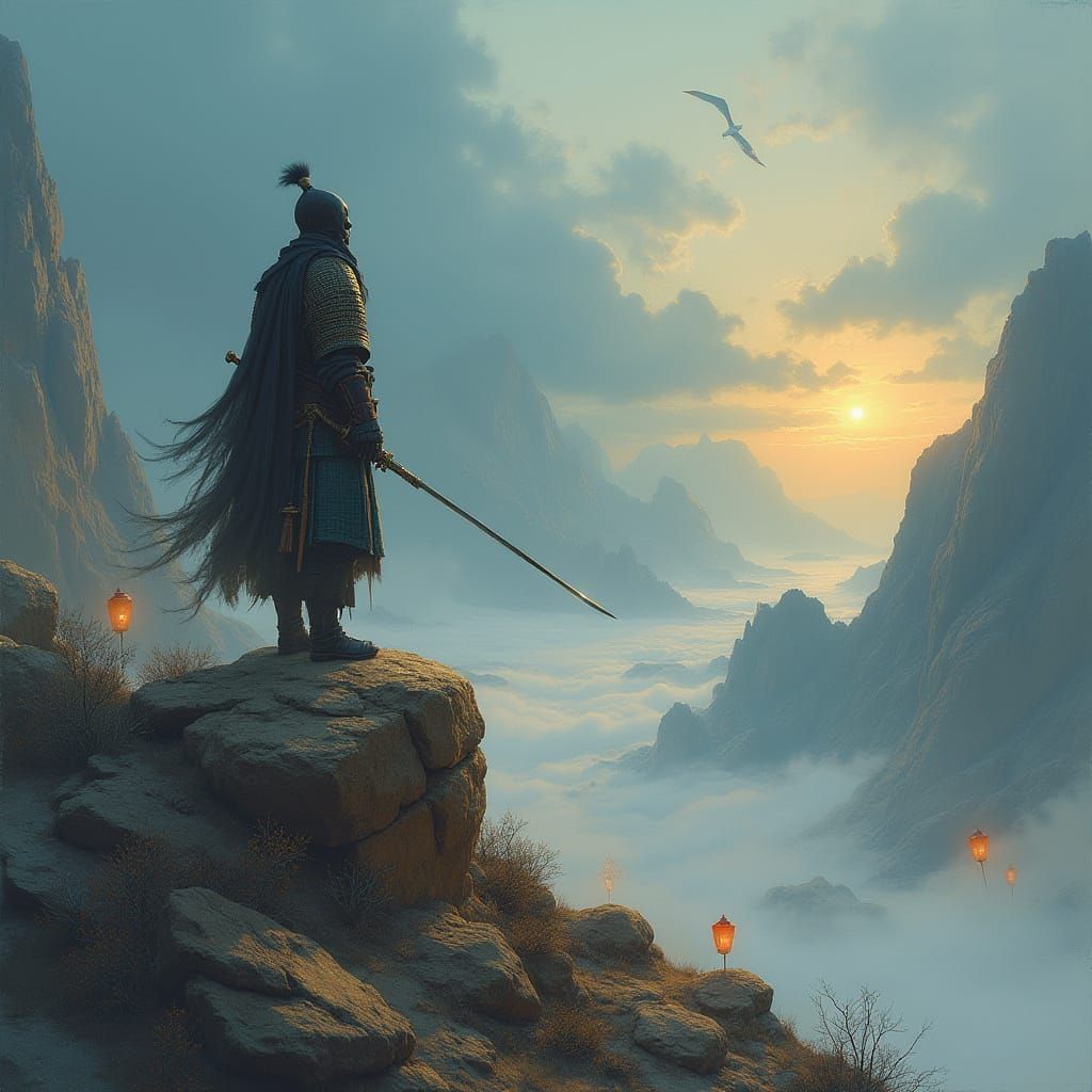 Ancient Warrior on Misty Peak in Expressive Style