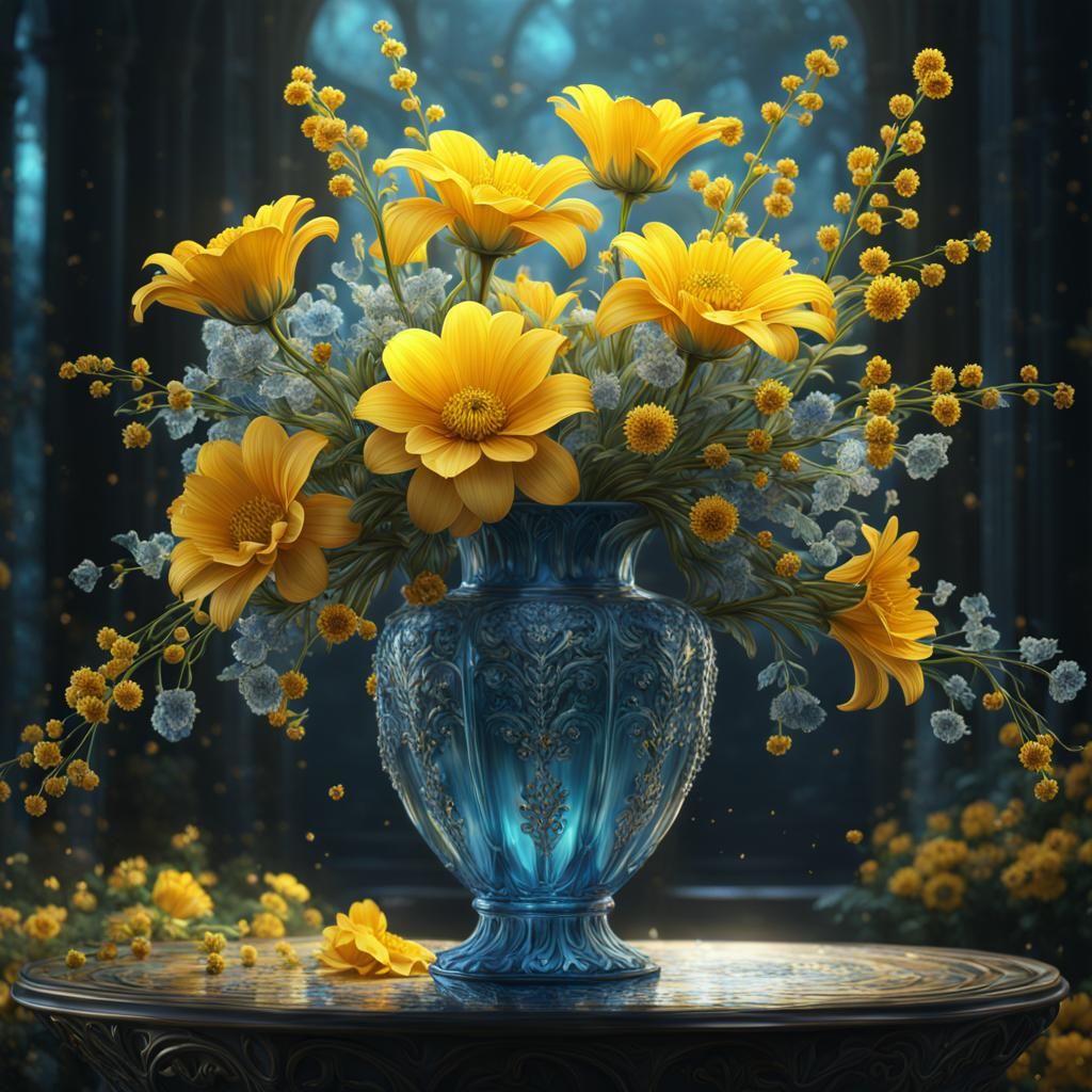 Beautiful bouquet of yellow flowers in a crystalline vase   by @Fritholf