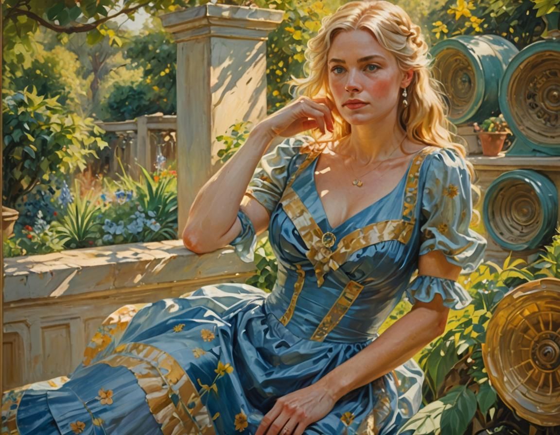 Femme en robe bleue au jardin