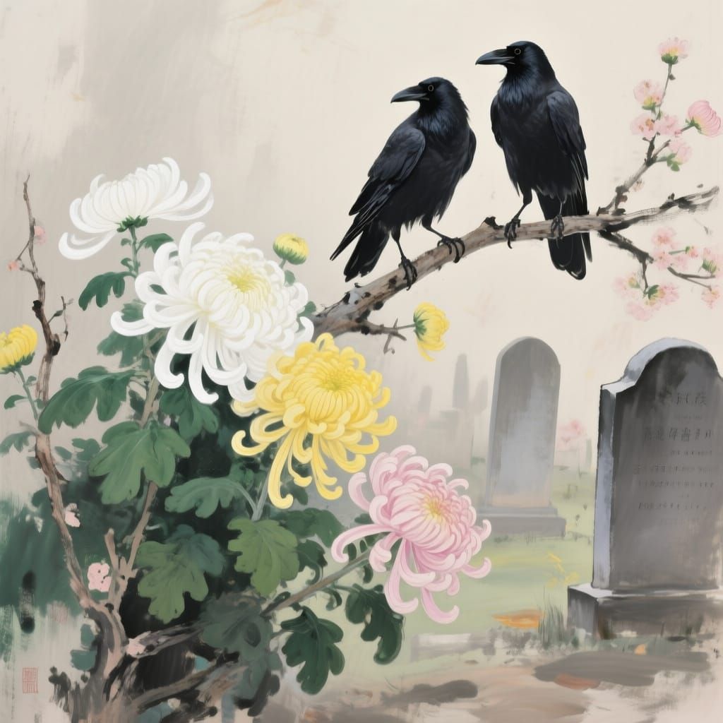 Two crows perched upon a blossoming chrysanthemum branch in a quiet cemetery, rendered in a style influenced by both traditional Chinese pai...