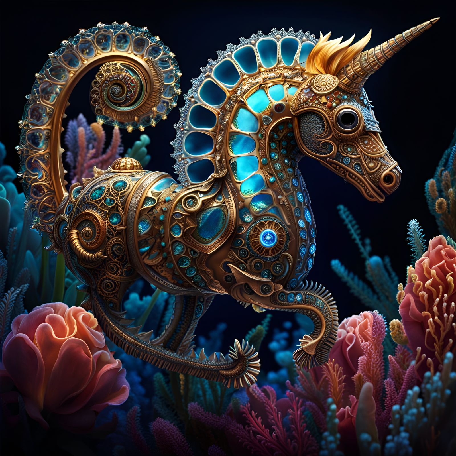 Bioluminescent Mechanical Unicorn Seahorse