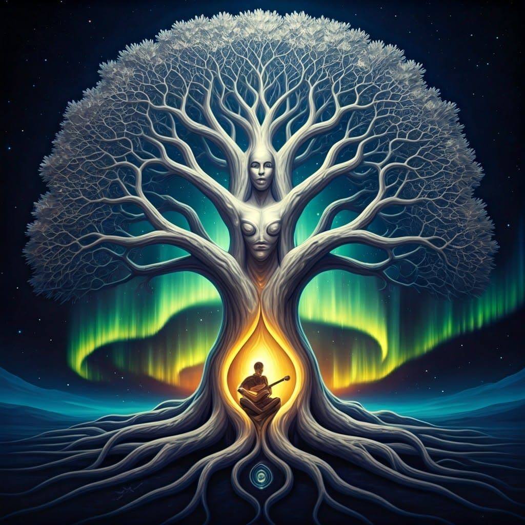 Mystical Tree Musician in Cosmic Aurora