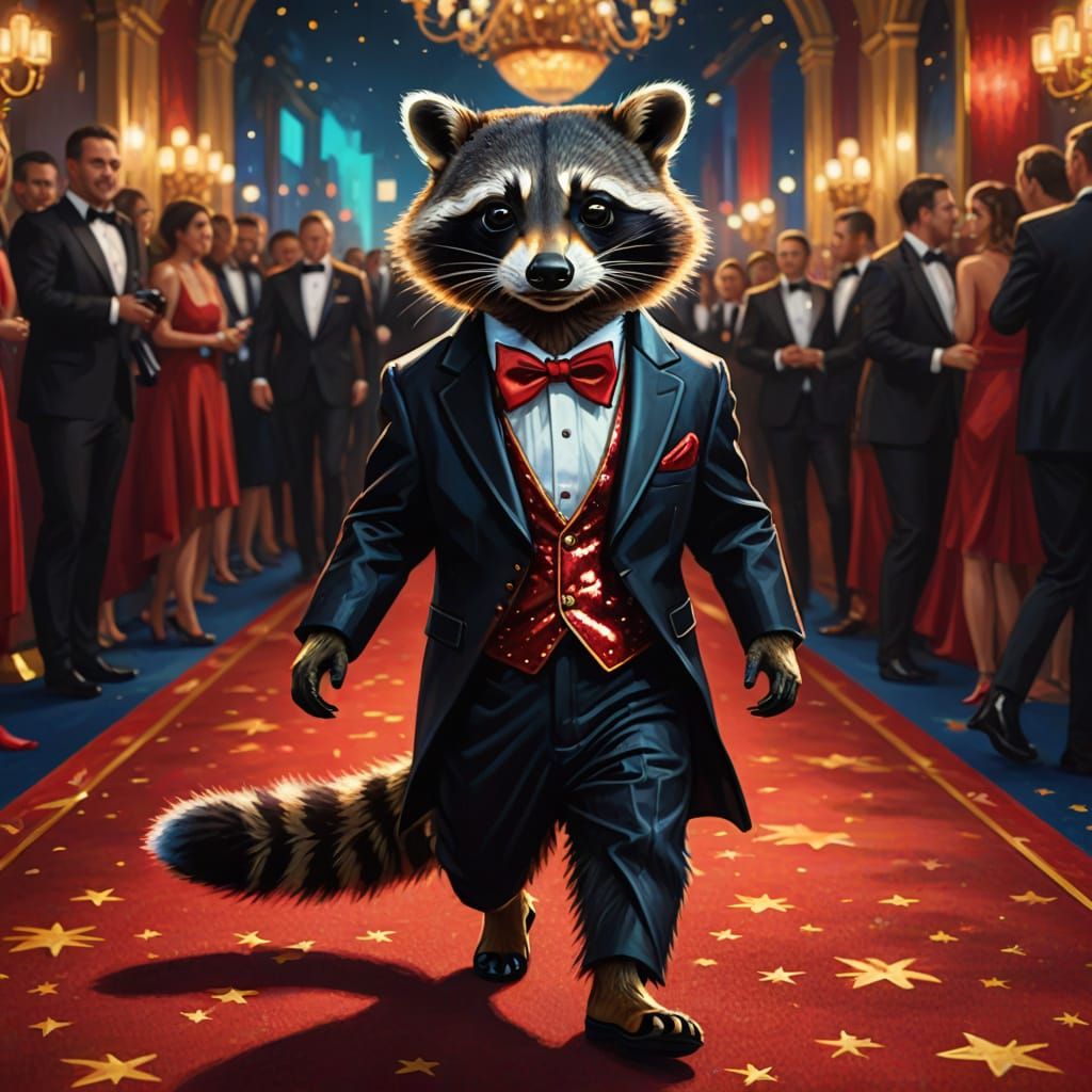 A Raccoon in a fancy tuxedo strutting down the red carpet 
