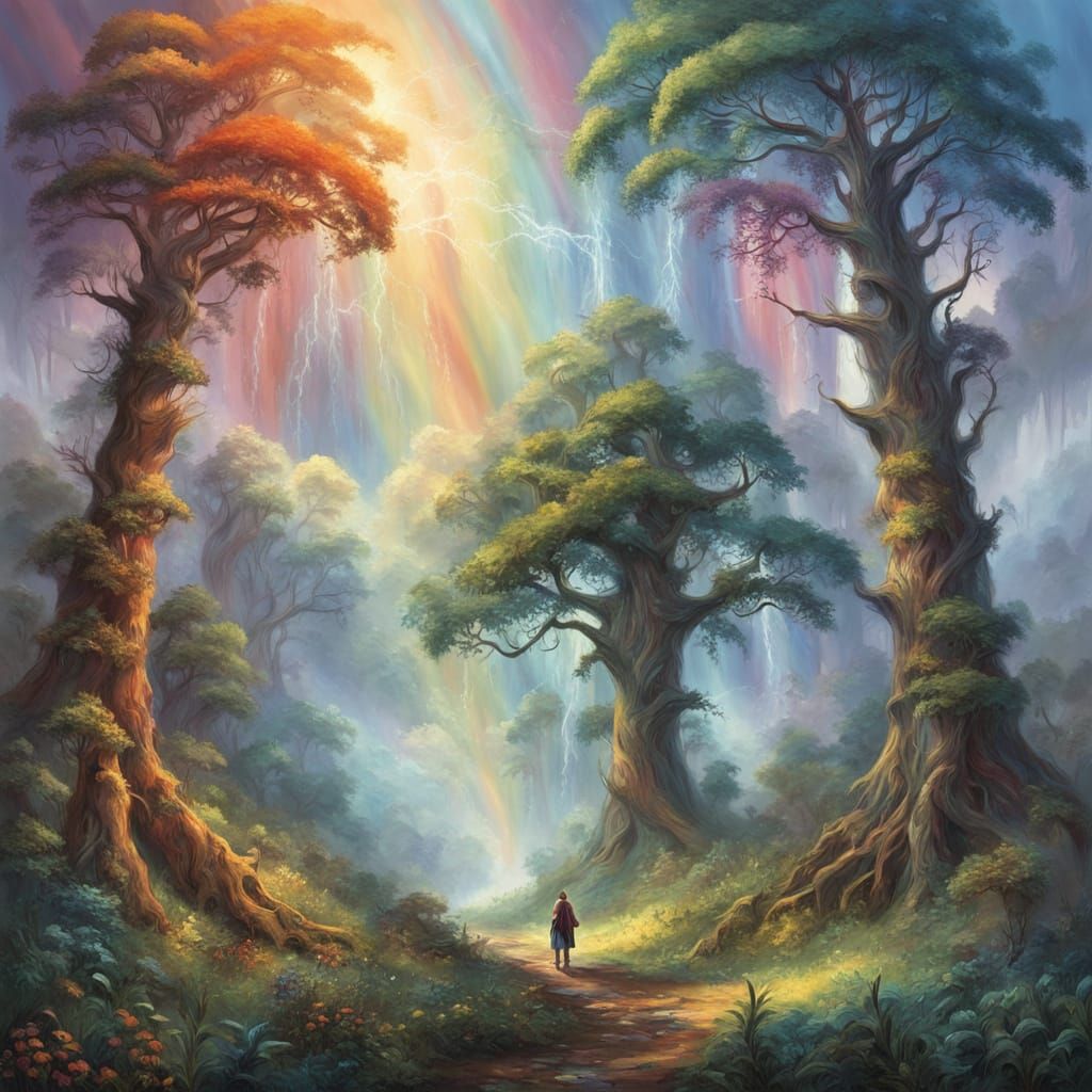 Whimsical Forest Scene in Vibrant Oil Painting Style