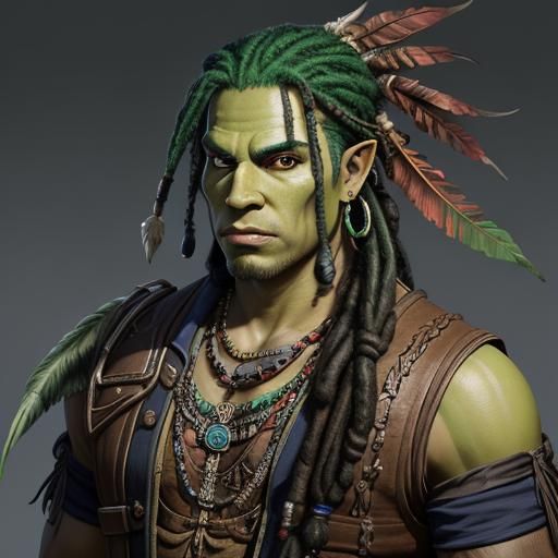 Raven perched shoulder Half elf native american feathers male dnd mist