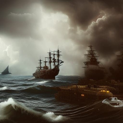 Ships in the horizon with dark stormy clouds