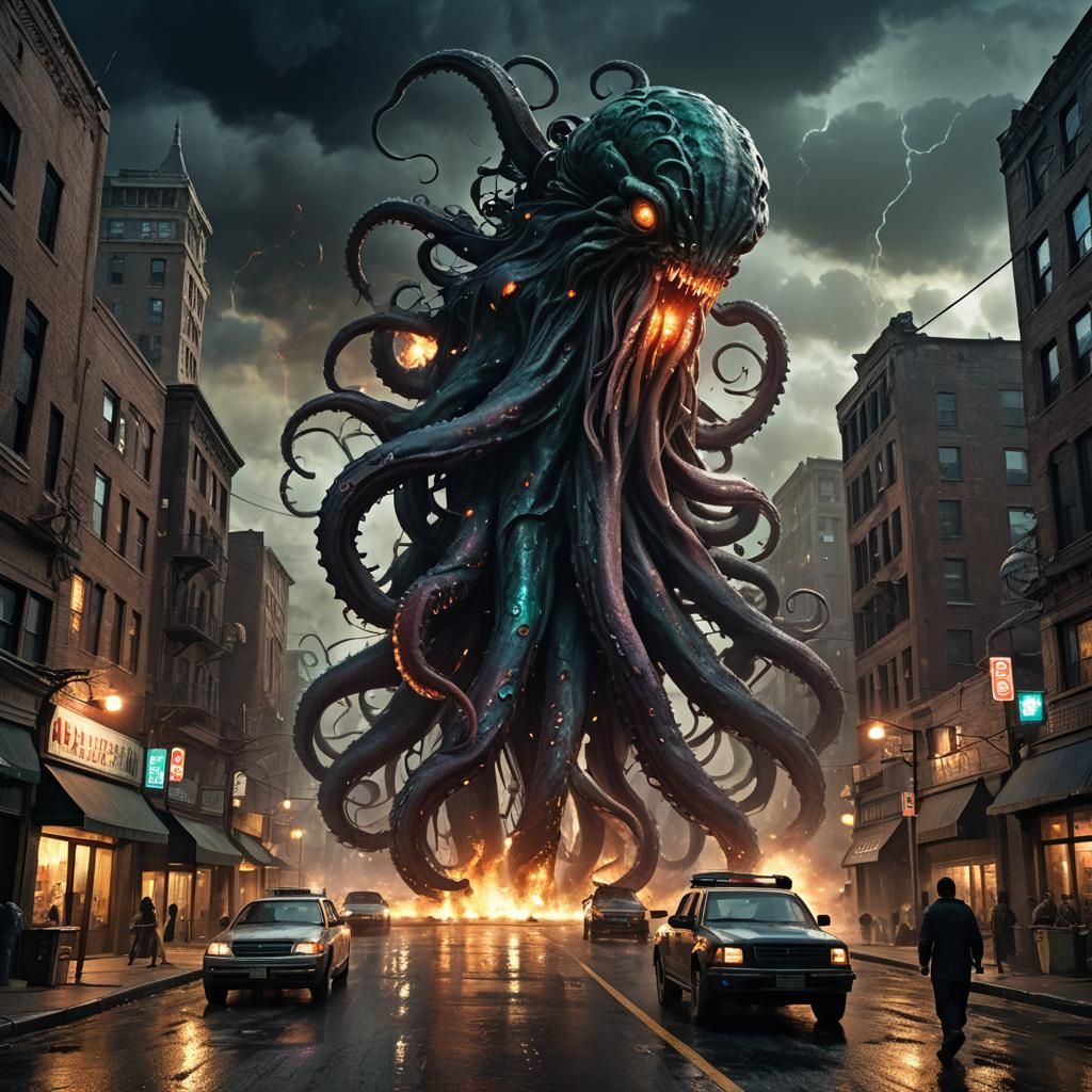 A huge tentacled monstrous creature stalking a war torn city...
