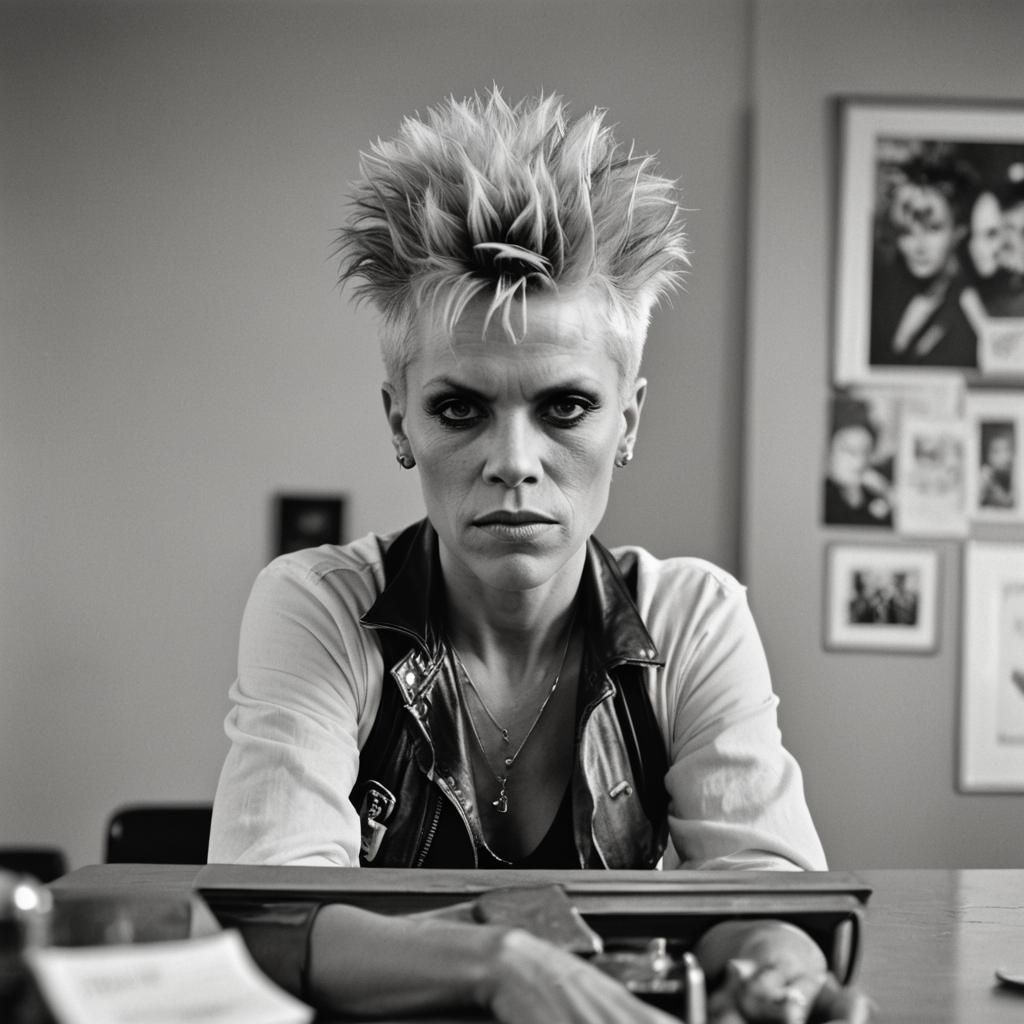 Woman in Frame with Mohawk Haircut in Black and Wh... - AI Art