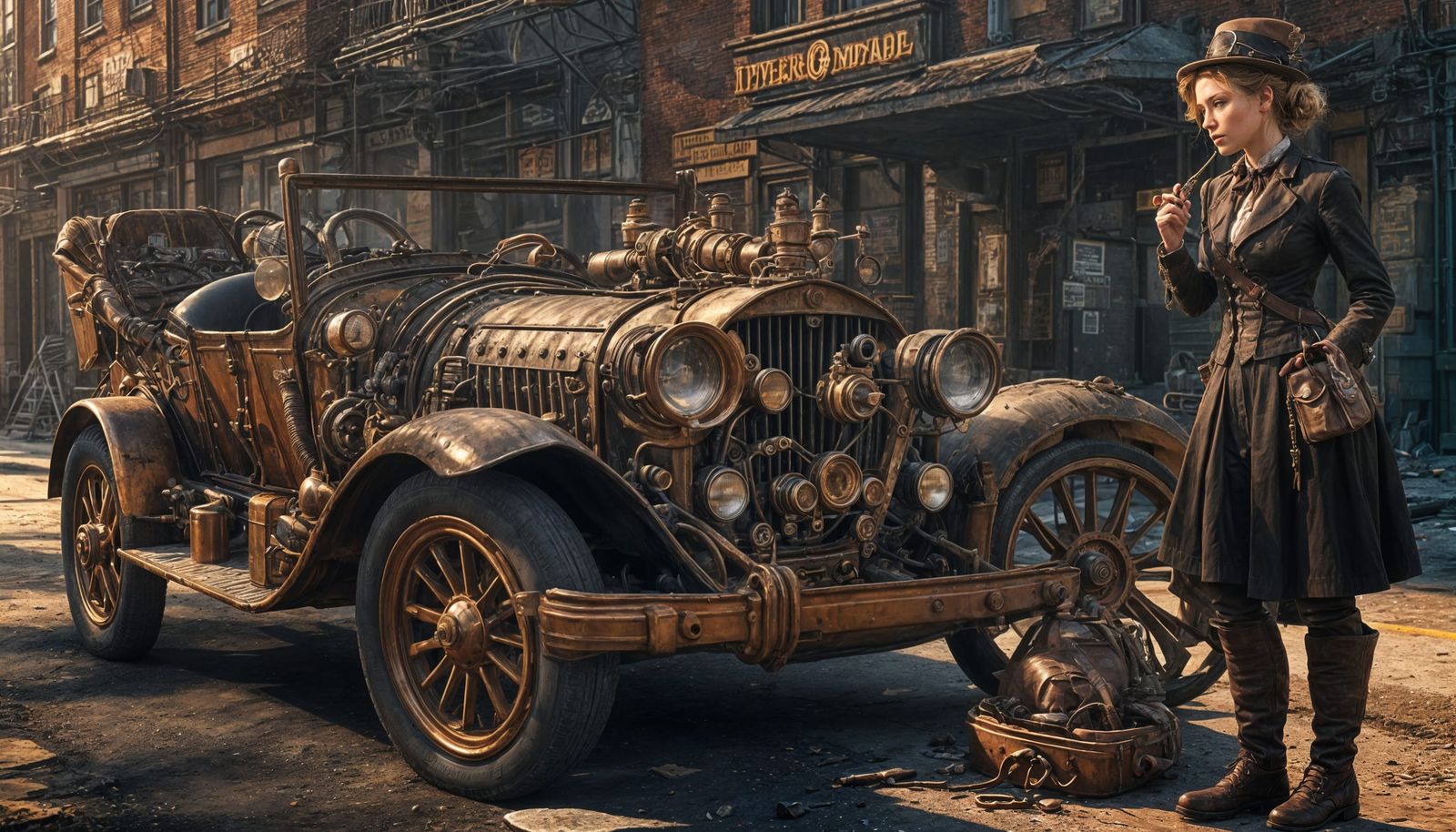 Steampunk Mechanic looking under the bonnet of Steampunk ladies broken down car at the side of the road ...  by @Brian