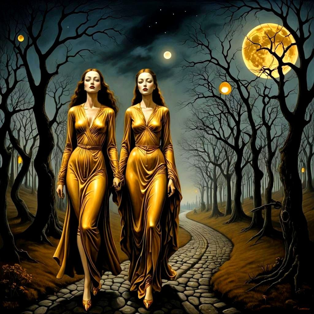 Surrealist Women Bask in Rich Gold Light on Midnight Path