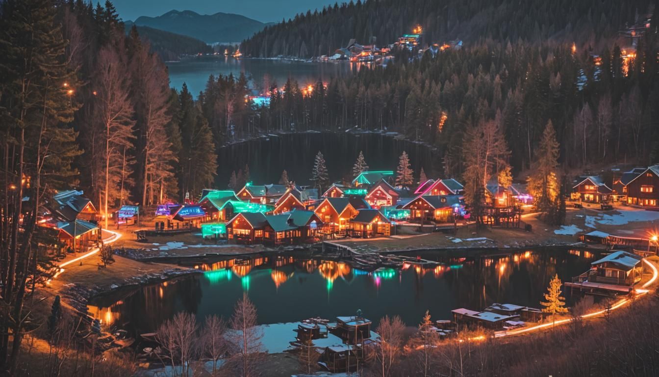 neon lights in country village next to lake and pine forest