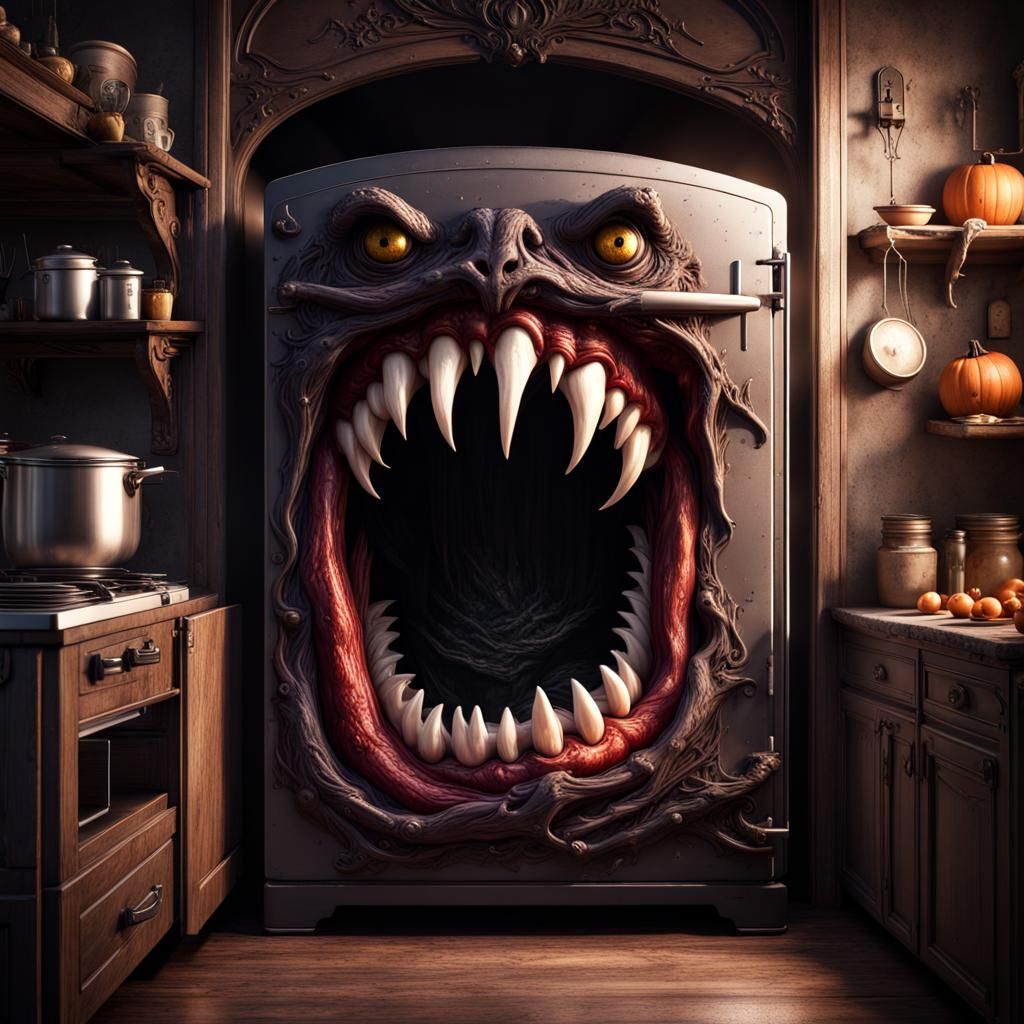  dark fantasy, refrigerator, monster mouth for a door, dark goth art, scary kitchen  by @Caroline