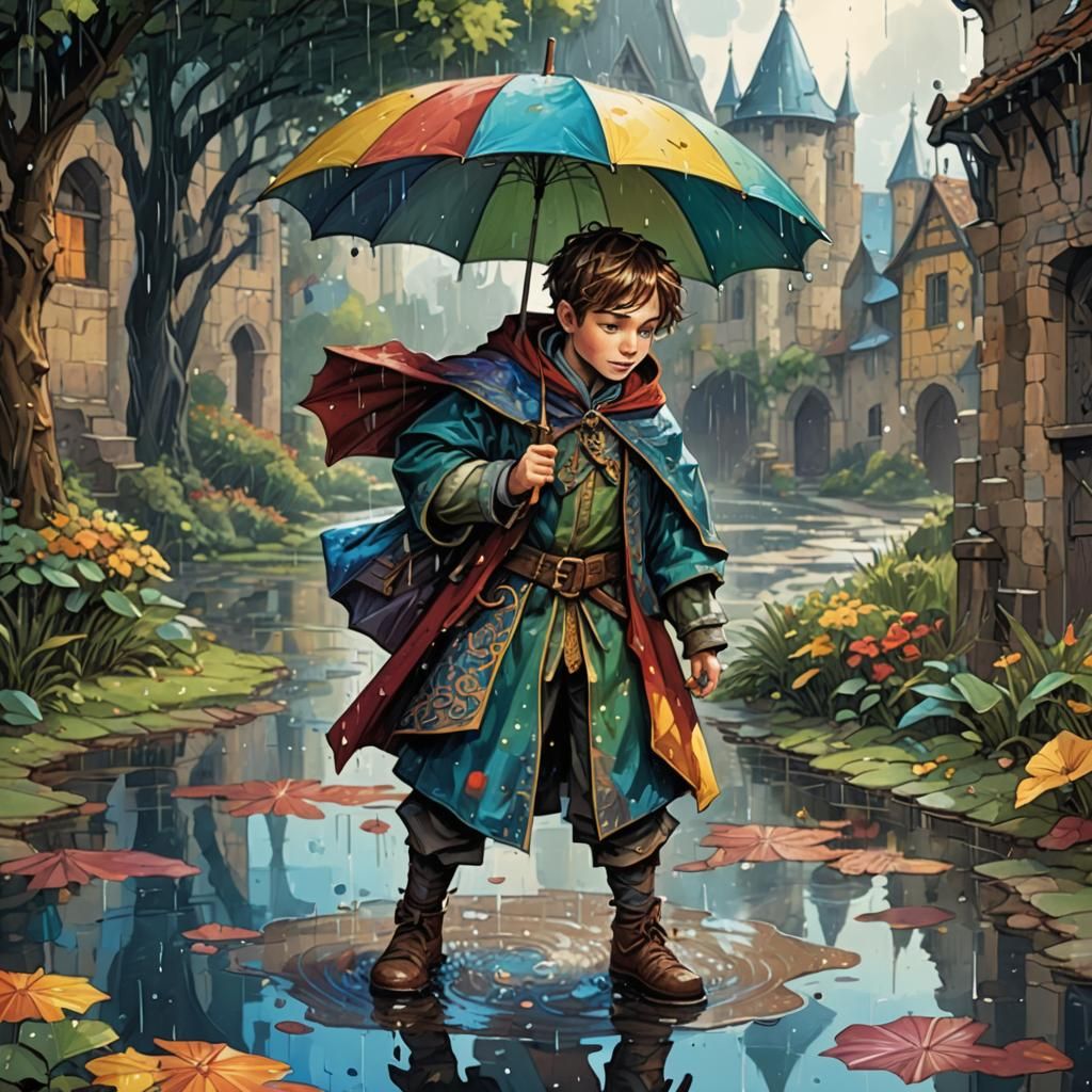 Whimsical Boy with Umbrella in Fantasy Illustration