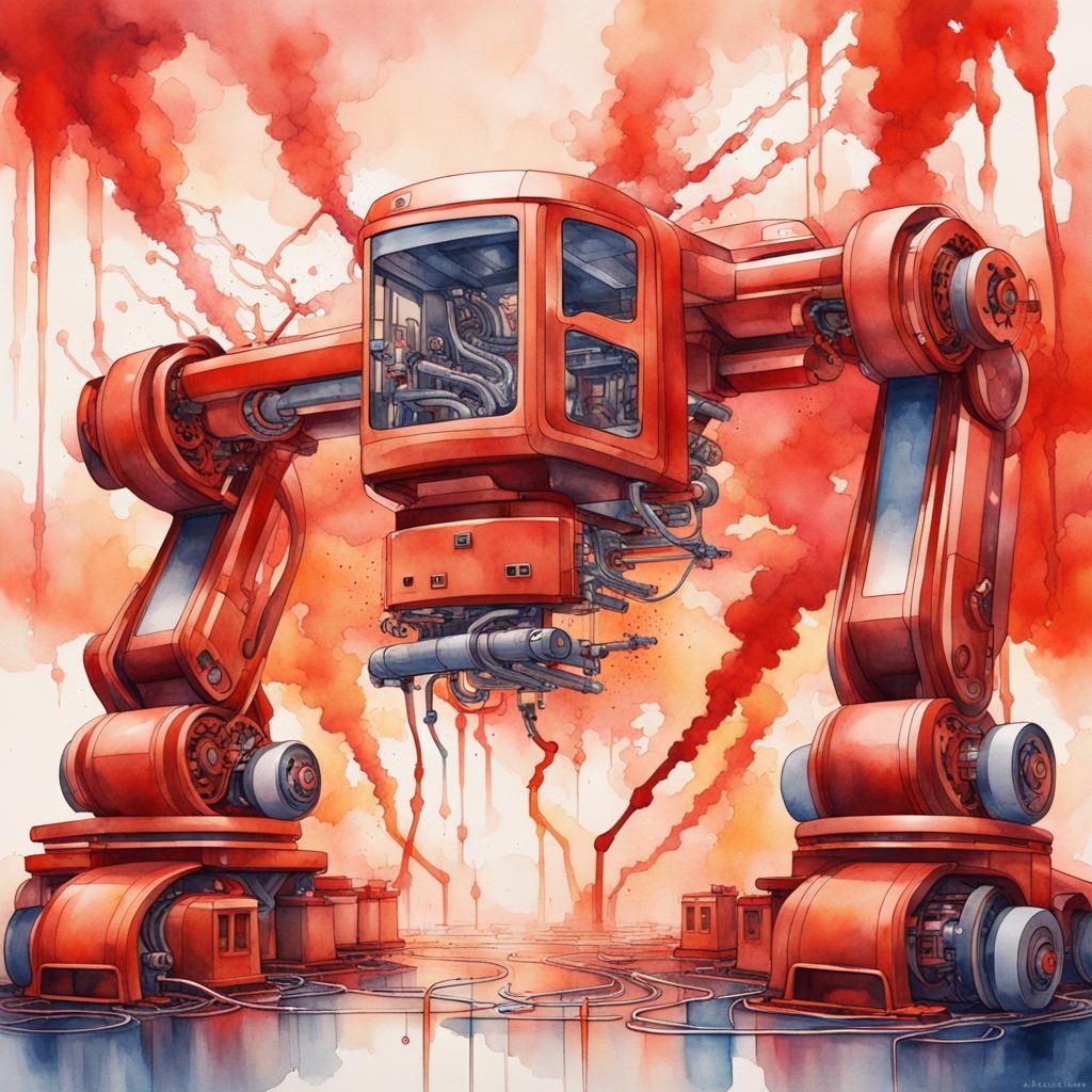A watercolour illustration showing a giant robot!!!
