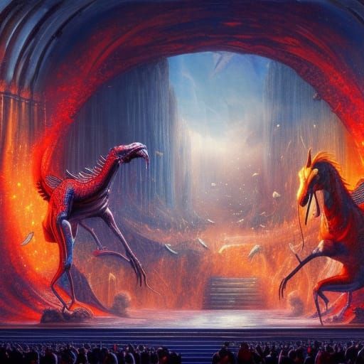 A scene from the opera Die Walküre with a Tyrannosaurus Rex ...