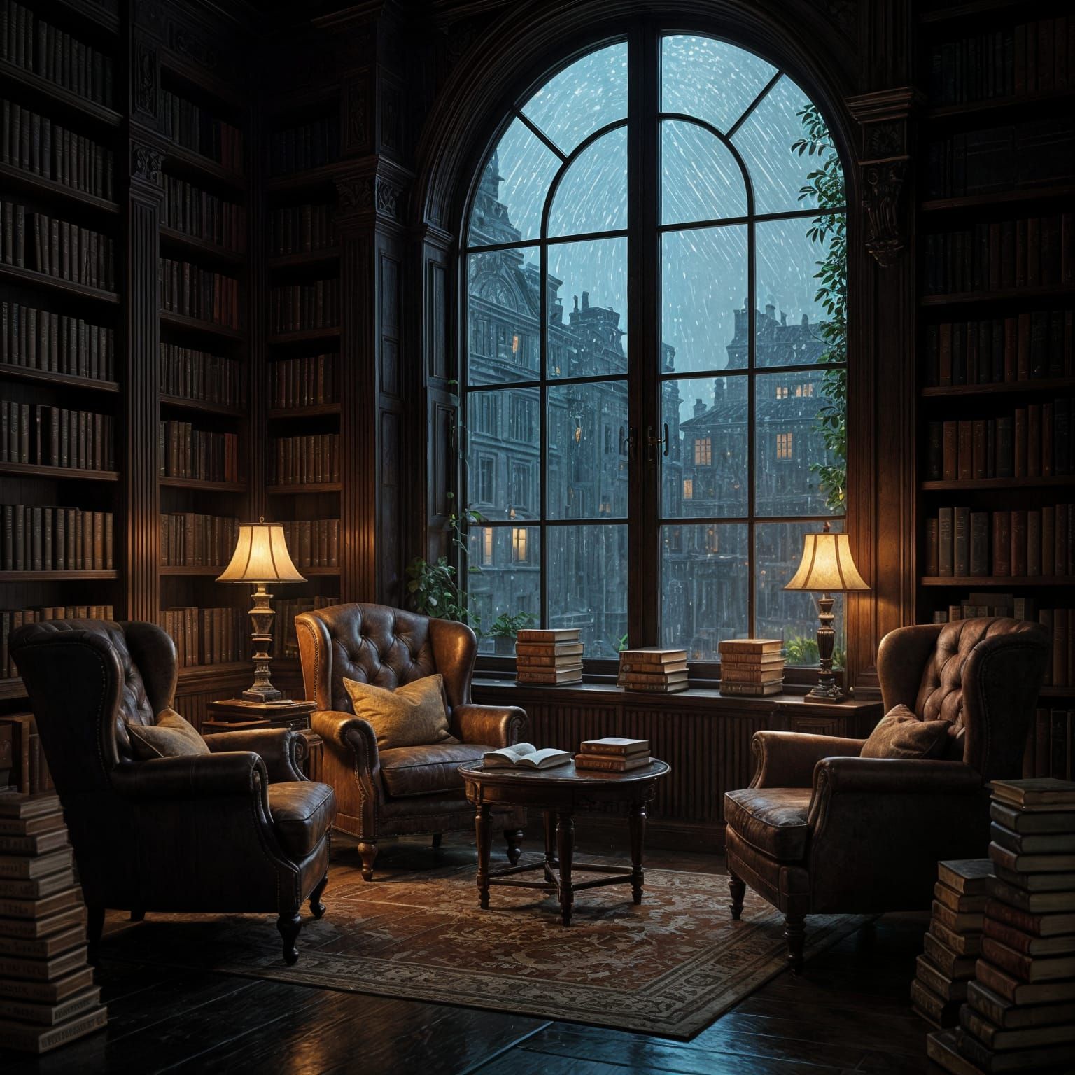 Highly detailed illustration. A cozy, dimly lit library filled with ancient, glowing books and comfortable armchairs. A gentle rain falls ou...