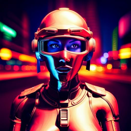 Portrait of a cyborg girl wearing futuristic face armor in a neon city ...