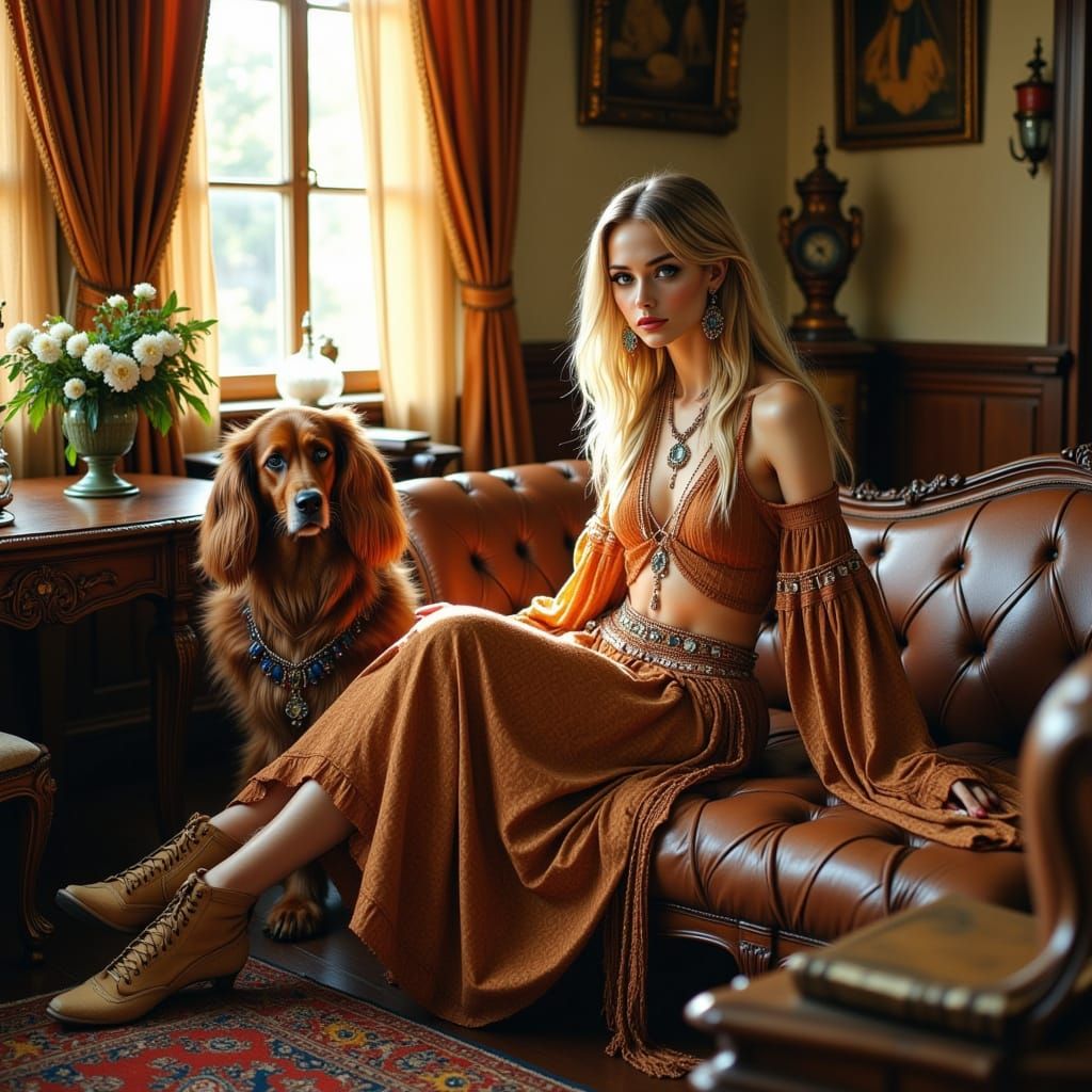 Bohemian Woman and Dog in Sunlit Vintage Living Room