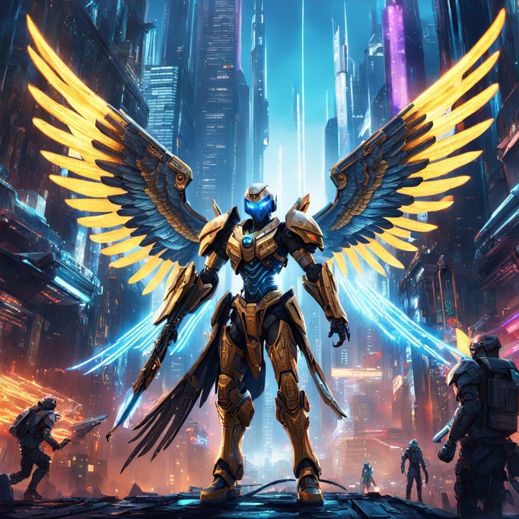 Technological armed cyberpunk warrior angel