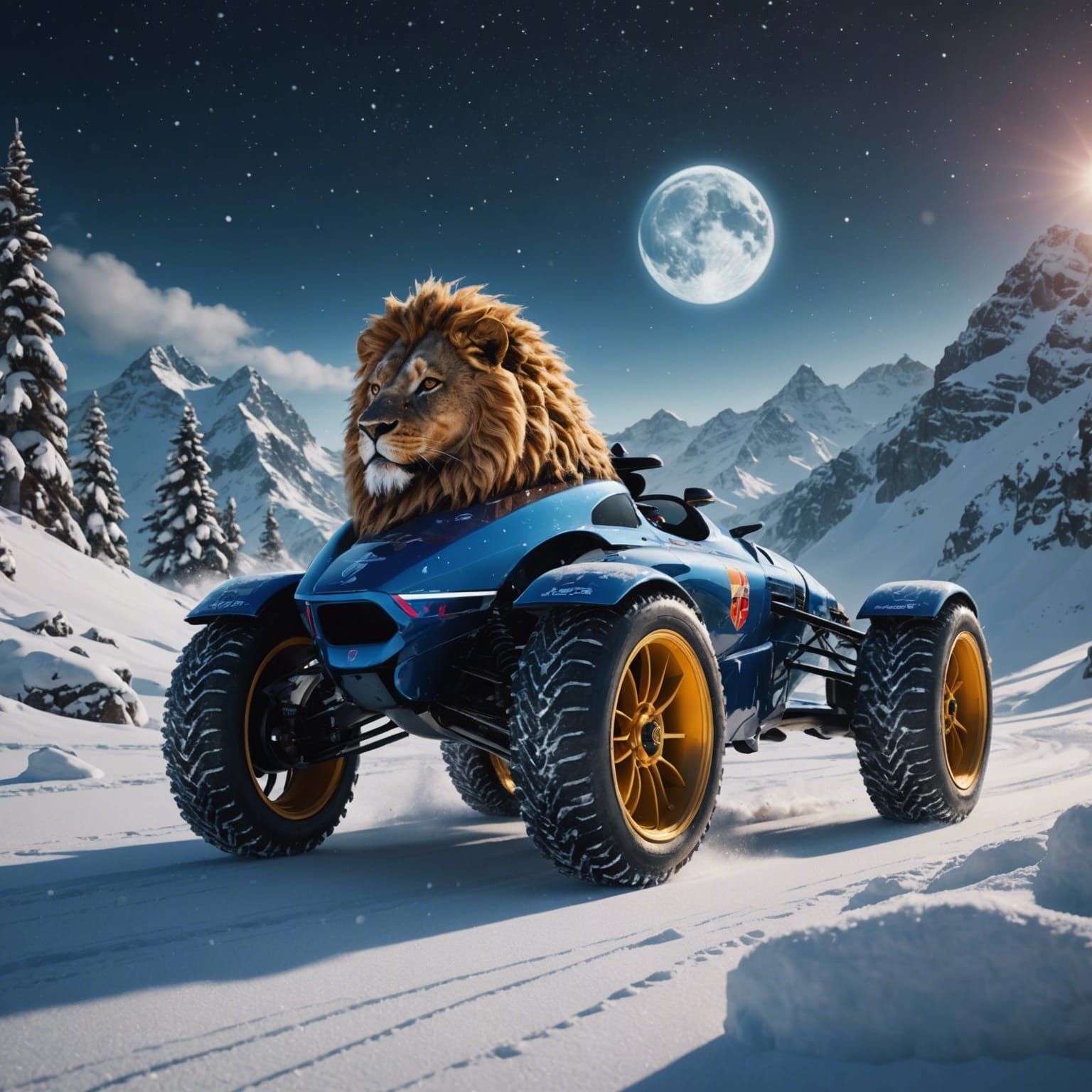 a dream in the snow with a F1 car and a celestial electro li...