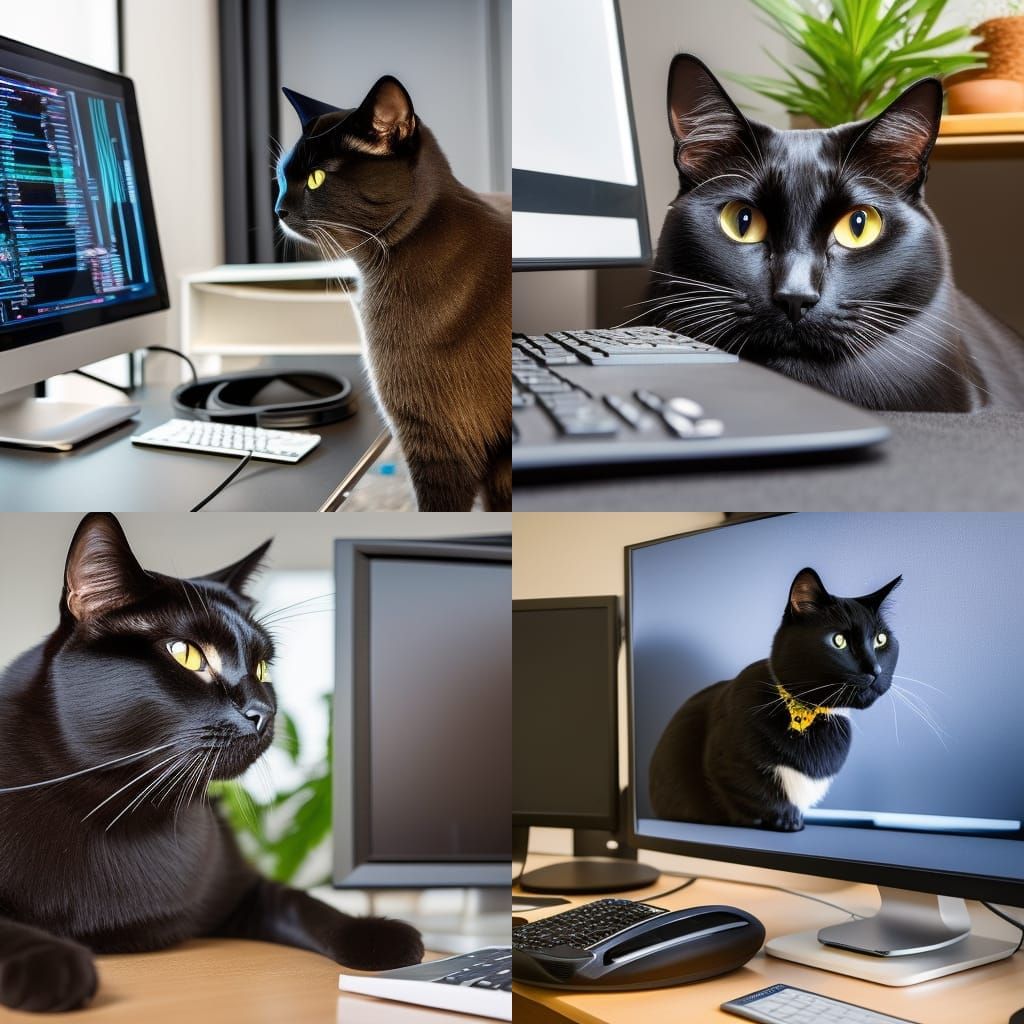 Beautiful black cat working in front of a computer in an office - AI ...