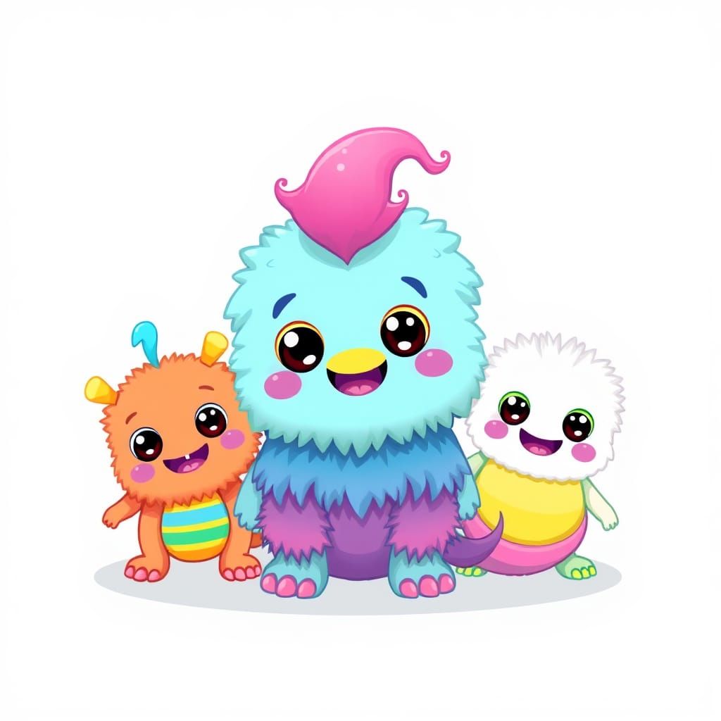 fluffy baby rainbow monsters cartoon plain background