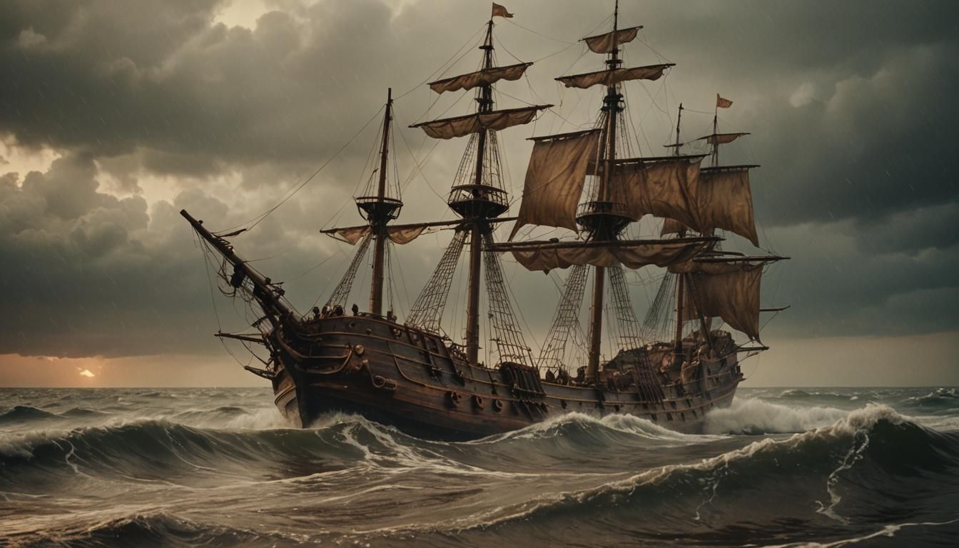 wreak small Spanish galleon ship sinking near the coast, vin...