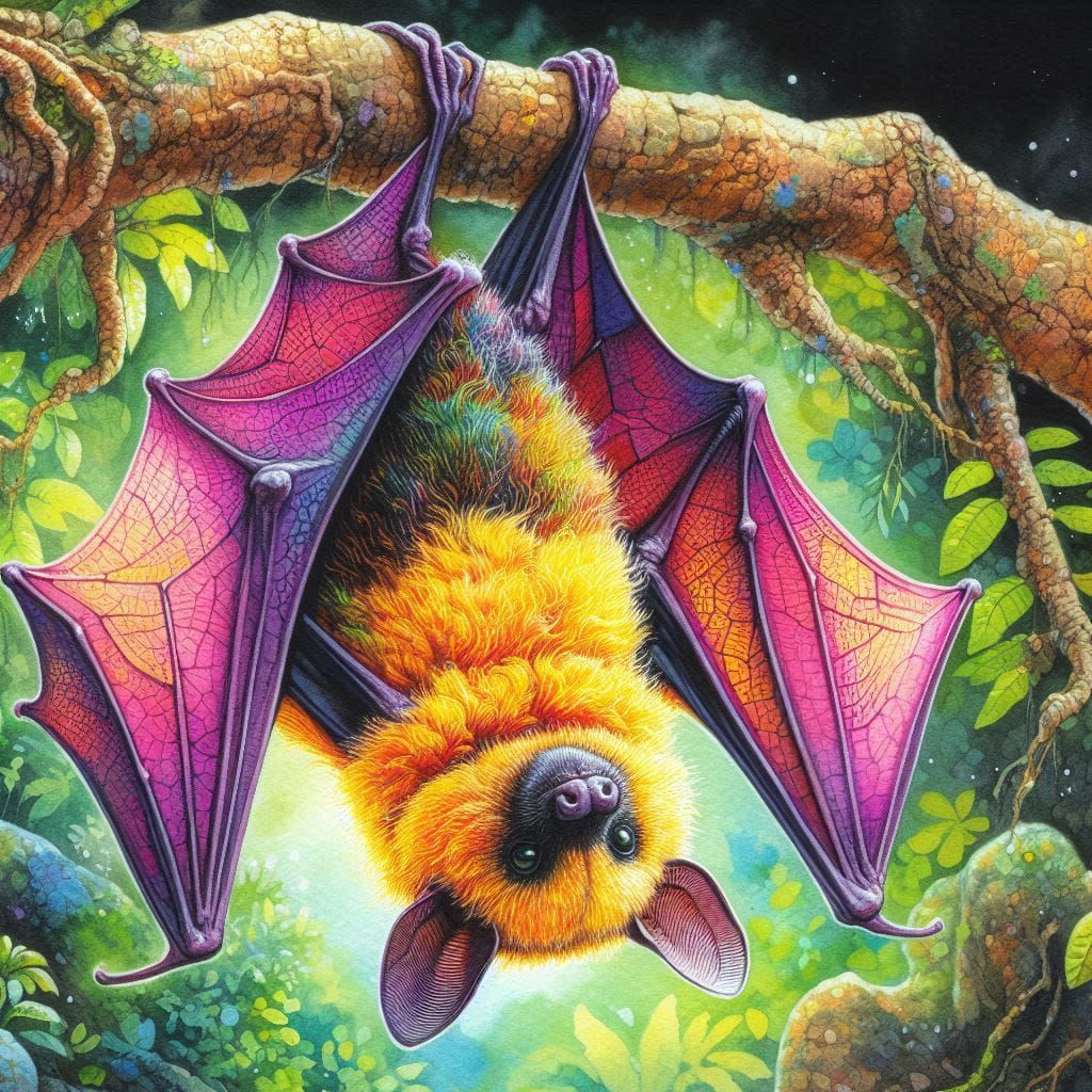 Purple orange Bat hanging upside-down