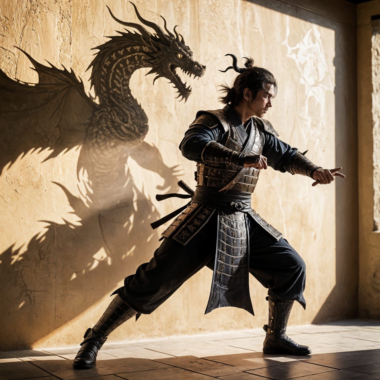 a samurai frozen in a fighting pose casts a dragon-shaped shadow on the wall behind him  by @Likvi