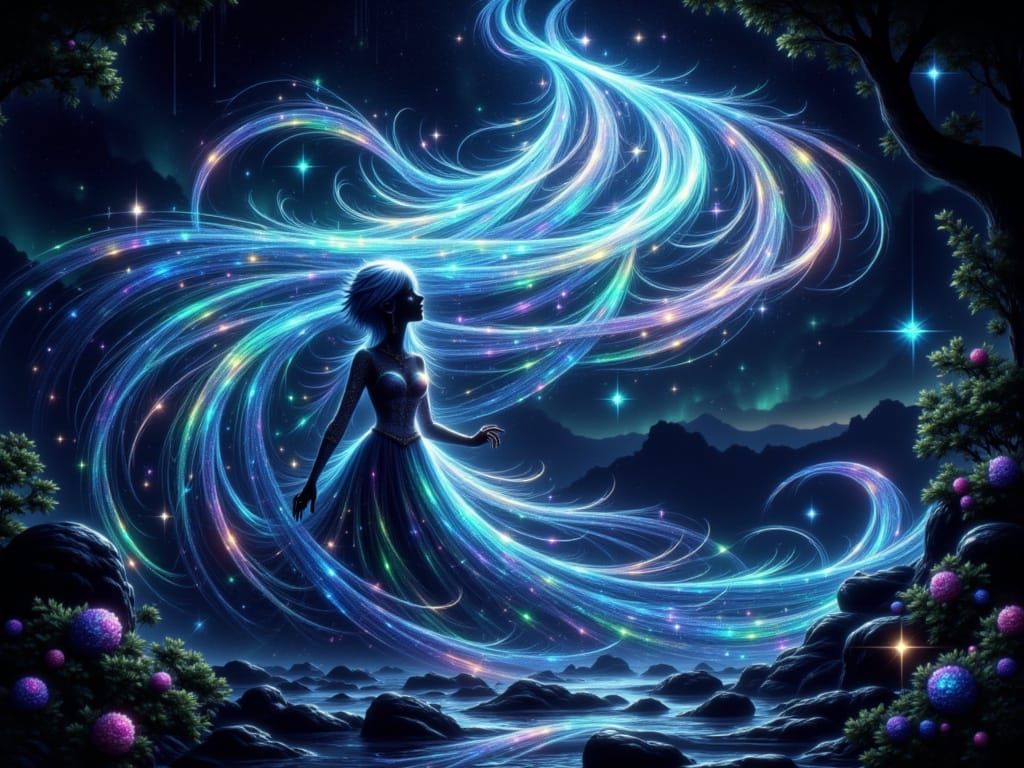 A dream of Star Leads the strands of existence form with a patterned form of loving grace interlaced <lora:Holograph Starlight:1.0>