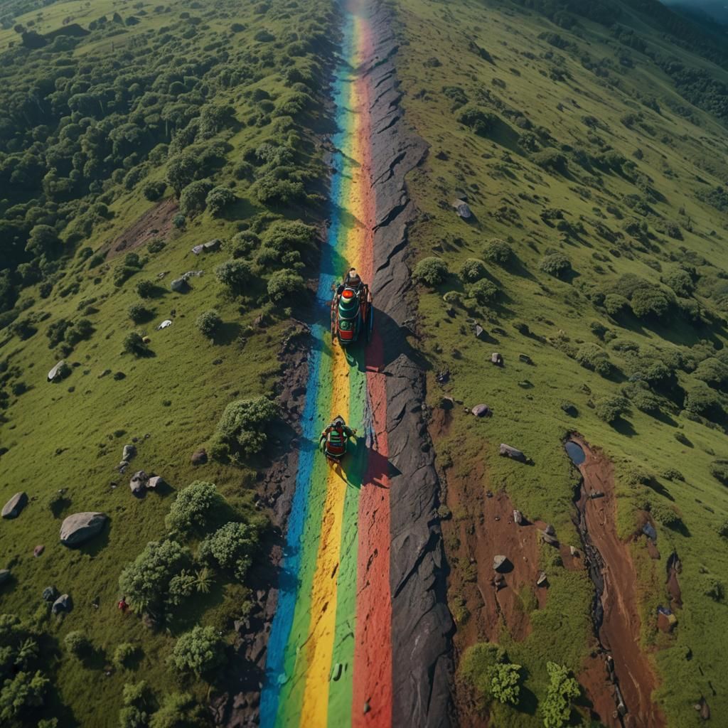 a trail in the green, sliding on the rainbow
