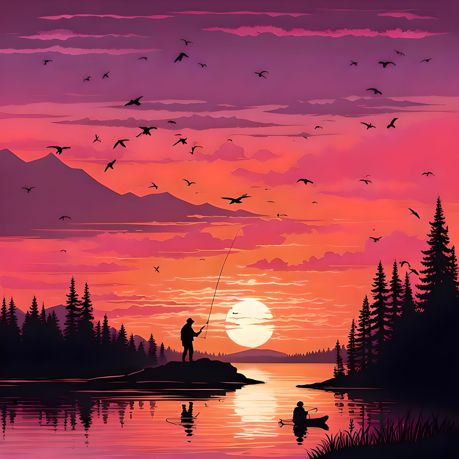 A picturesque scene of a cozy cabin nestled on the shore of a tranquil lake. The fiery glow of a setting sun paints the ...